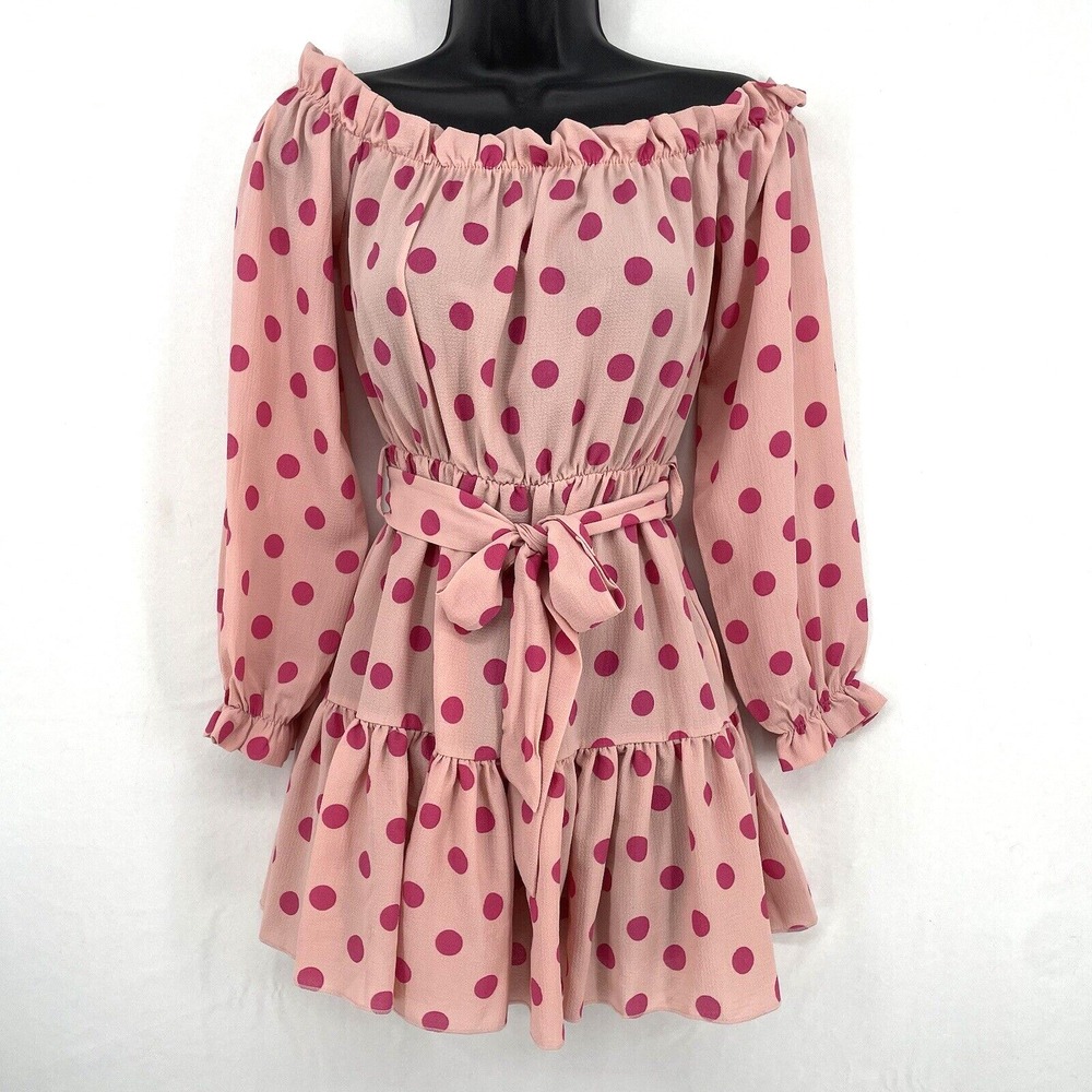 PrettyLittleThing Pink Polka Dot Tie Waist Long Sleeve Off-Shoulder Dress Size 4